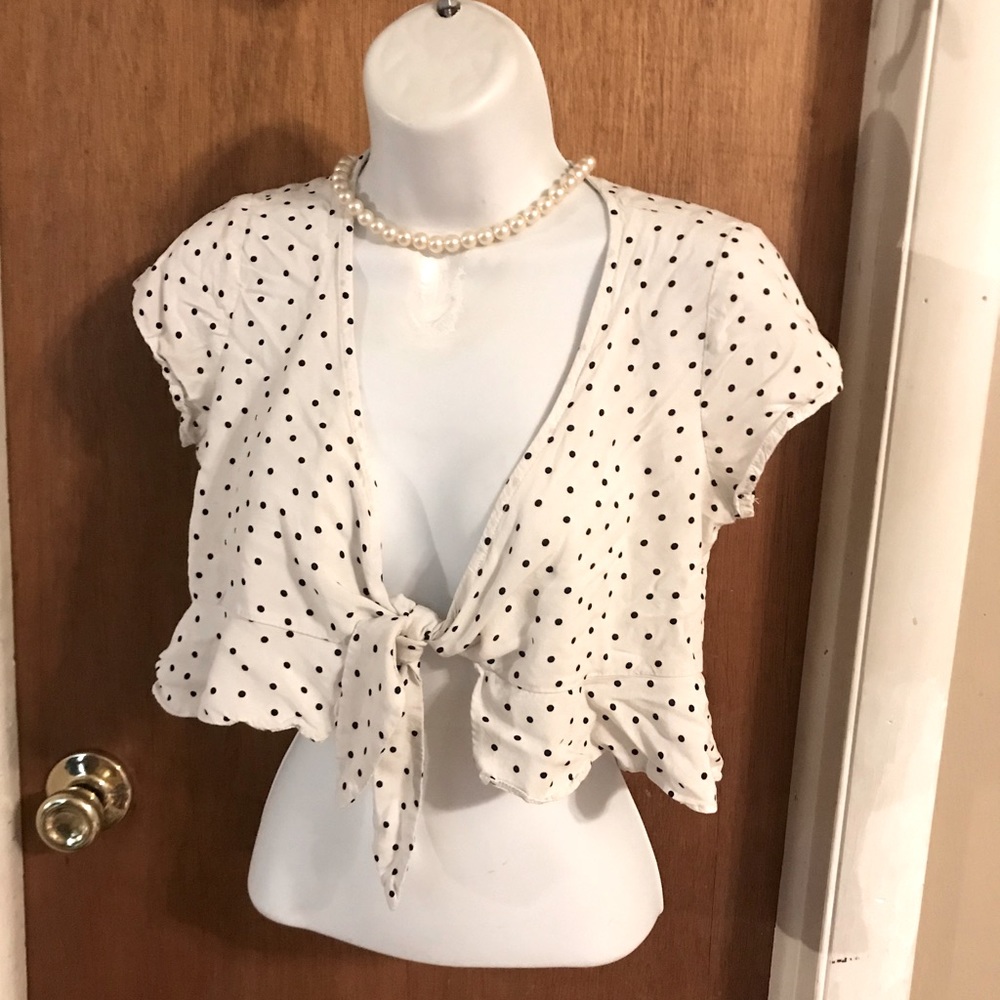 Garage Croptop White w/ Black Polka Dot Button-up Ruffle Bottom Barbie